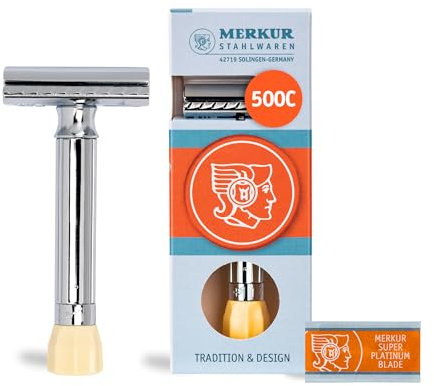 MERKUR Einstellbarer Rasierhobel 500C | Klassiker Glanzchrom | Zweiteiliger Rasierer mit geradem Schnitt | Ideal für Nassrasur | Zinkdruckguss | Messing Griffstück | Made in Germany