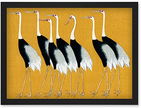 Wee Blue Coo Herons Cranes Flock Birds Ogata Korin Vintage Monochrome Illustration Mustard Yellow Artwork Framed Wall Art Print A4