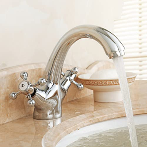ZYCDP Wasserhahn Badezimmer Retro, Retro Bad Waschbecken Wasserhahn Zweigriff Mischbatterie Badarmatur, Kaltes und Heißes Wasser Vorhanden, Waschbecken Armaturen Messing, Chrom