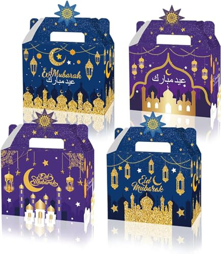 Eid Mubara Geschenkboxen,Muslimische Eid Mubarak Party Eid Al- Fitr Dekorationen Papiertüten Geschenktüten,DIY Boxen für Ramadan Süßigkeiten Leckereien Keks Boxen Schachteln Geschenkkartons (B)