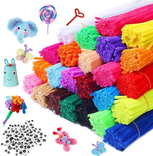 1300 Stück Pfeifenreiniger mit Wackelaugen, 1000 Stück Pfeifenreiniger mit 300 Stück Wackelaugen für DIY-Kunst, ca. 10 Farben, Chenille-Stiele