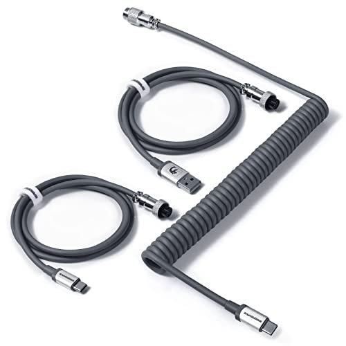 MAMBASNAKE C04 Coiled USB C Cable for Mechanical Keyboard, Custom 2 In 1 Aviator Cable - USB A To Type C & Type C To Type C, HyperSpeed Cable with 8KHz Return Rate & 5 Pin Aviator Connector - Grey