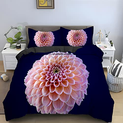 HRBK Blue Dahlia Duvet Cover Single Bedding Sets - Flowers Printed Pattern Quilt Cover + 2 Pillowcases 19x 29, 110gms Microfiber Washable Hypoallergenic with Zipper Closure