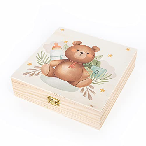 Logbuch-Verlag Baby Erinnerungskiste aus Holz Mädchen Junge neutrale Geschenkbox Babyparty Schwangerschaft Erinnerungsbox 18,5 x 18,5 cm