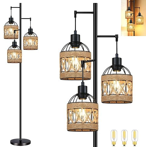 QIYIZM Floor Lamp for Living Room,Bedroom,3-Lights Boho Rattan Tree Floor Lights,Industrial Black Farmhouse Standing Lamp Wicker Rustic Tall Lamp,Woven Bamboo LampShade Floor Lamps Bohemian