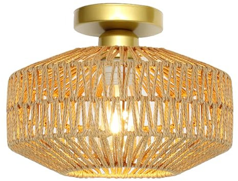 Boho Rattan Lampe Deckenlampe Vintage Schlafzimmerlampe,Gewebte Antik-Messing Deckenlampe Schlafzimmer Geflochten Rattan Lampenschirm,Lampe Küche Flur Schlafzimmer Deckenleuchte(ohne Leuchtmittel)