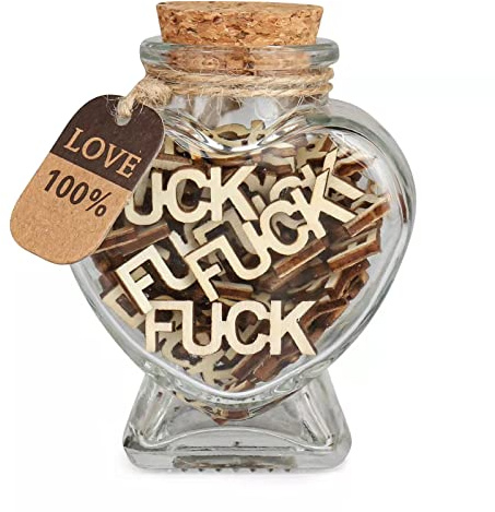 Valentines Day Gift Give a Fuck in a Bottle- Fucks Wooden Cutouts Letter Piece, Jar of Fucks Gift for Valentine's Day Birthday Day Chrismas Holiday. (Heart shaped bottle FUCK)