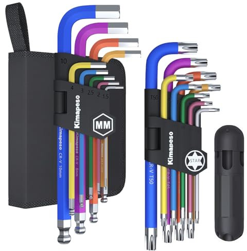 Kimapeso Lot de 18 clés Allen Torx et métriques à extrémité sphérique avec poignée en T - Jeu de clés hexagonales métriques de 1,5 à 10 mm - T10 à T50