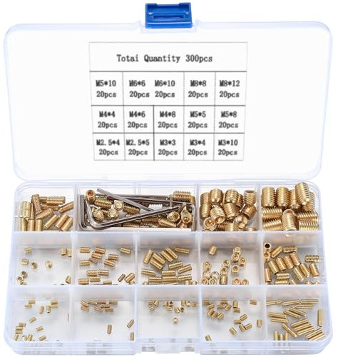 300 Pièces Vis Sans Tête Hexagonale, Kit Assortiment Vis à Six Pans Creux, M2.5/M3/M4/M5/M6/M8 Acier Allié Douille Hex Visser-pointeau avec Clé Allen Couleur or