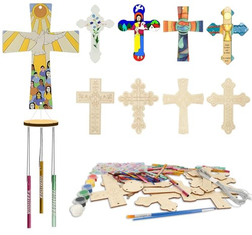 WEDNOK 9 Stück Kreuze Windspiel Bastelset Holz Ostern Basteln Bastelhandwerk zum Bemalen Holzkreuz zum Basteln Klangspiel Kreative Sets für Mädchen Jungen Osterszeit