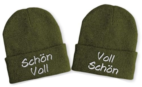 tshirtladen Schön Voll & Voll Schön Olive - Duo Mütze mit Spruch, bestickte Partnermütze für Verliebte, Statement Strickmütze im Partnerlook für Männer & Frauen