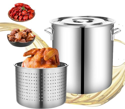 201 Pentola per friggere Il Tacchino in Acciaio Inossidabile Pentola per Frutti di Mare con cestello Set di pentole Profonde da 3 Pezzi Pentola per Cottura a Vapore Tamale, 35 cm