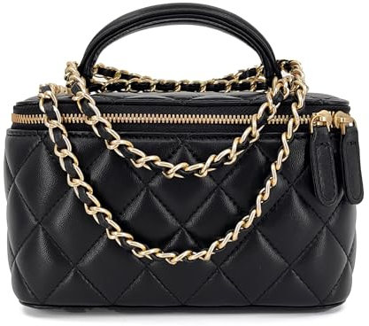 M-ioi-M Kleine Geldbörse aus echtem Leder, gesteppt, Crossbody-Tasche für Damen, Mini-Handtasche mit Tragegriff oben und goldfarbenem Kettenriemen, Schwarz, Small
