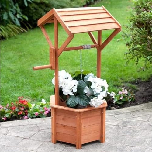 YORKSHIRE HOMEWARE Wishing Well Planter | Free Standing Planter with Hanging Bucket | Outdoor Display Flower Ornament | Lawn Porch Decor Wooden Design | Decorative Garden Flowers Display Ornament