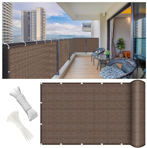 Brise Vue Balcon 80 x 600 cm Couverture de Confidentialité Écran Résistance à La Déchirure Toile Respirant Rectangulaire avec Attaches et Cordons pour Balcon, ‎Marron