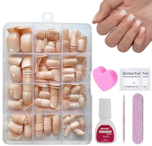 DMQ Ombre Press on Nails Kit, 240Pcs Nude Gradient False Nails Short, Square Fake Nails with Glue, 12 Sizes Glossy Full Cover Stick on Nail for Women Girls DIY Manicure Art