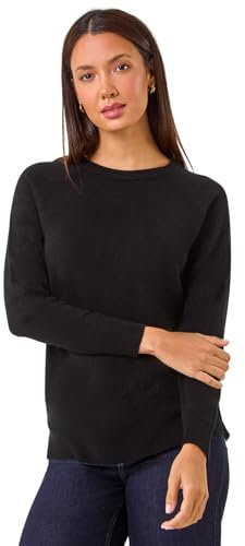 Roman Originals Soft Jumper for Women UK Ladies Winter Autumn Sweater Knit Knitwear Round Crew Neck Top Plain Lightweight Comfy Long Sleeve Split Hem Everyday Daywear - Black - Size 10