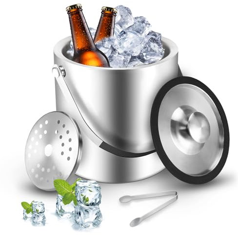 Sprifityy Edelstahl Eiskübel,mit Deckel und Zange,Doppelwandig Isoliert Edelstahl Eiswürfelbehälter,die Eiswürfel Aufbewahrung Eiskübel,Eiswürfel Behälter für Bar Party Hause (2.2L)