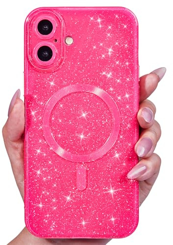 Svanove Glitter Case for iPhone 16 Phone Case Magnetic Compatible with Magsafe, Sparkle Bling Shiny Cute Girly Design, Aesthetic Slim Soft TPU Mag Cover for Women Girl, Neon Hot Pink