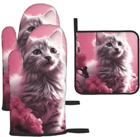 YYHWHJDE Küchen-Backset, 3-teilig, isolierte Handschuhe und Topfdeckel-Pad für Ofen und Grillen, rosa Töne, Katzenmuster
