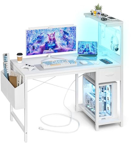 Grandder Bureau Gaming LED, 120cm Bureau d'Ordinateur avec Étagères Réversibles, Tiroir de Stockage, Prise Murale Intégrée, Design Moderne pour Maison et Bureau Blanc