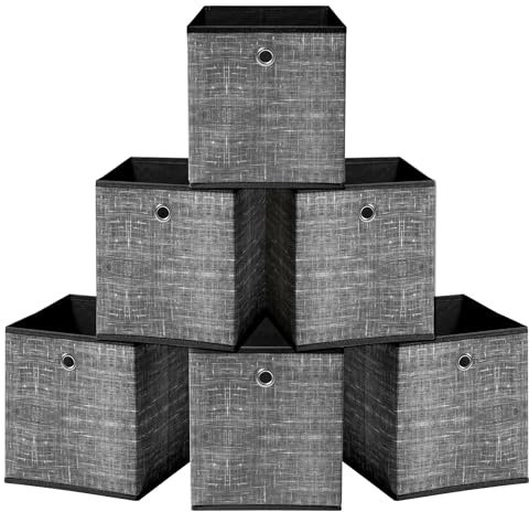 HEFTMAN Foldable Storage Cube Boxes - Set of 6 Grey & Black Fabric Storage Boxes with Grommet Handle, Space Saving Fabric Cube Storage Boxes for Clothes, Toys, Books (26 x 26 x 28 cm - Grey/Black)