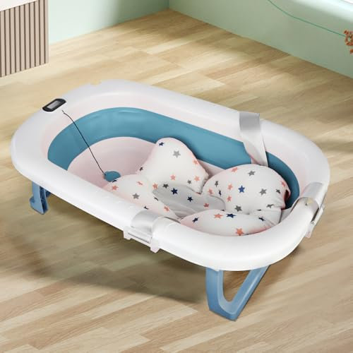Faltbare Babybadewanne mit rutschfestem Baby Badekissen/Badewanne XXL mit Thermometer zur Kontrolle der Wassertemperatur,Ab Geburt bis 2 Jahre,mit Badewannen Stützkissen Sitzmatte
