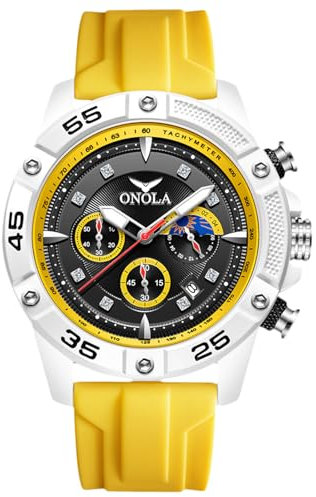 rorios Stilvolle Armbanduhren für Herren Sport Casual Uhren Multifunktionale Analoge Quarz Armbanduhr Chronograph Leuchtende Uhr mit Silikonarmband Gelb