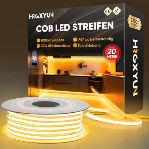 HRGXYUN 230V COB LED Streifen Aussen, 240 LEDs IP67 Wasserdicht Selbstklebend, Bande LED 900LM Ohne Trafo Flexible Kürzbar für Zimmer und Außen Dekoration Beleuchtung, 2700K Warmweiß, 20m