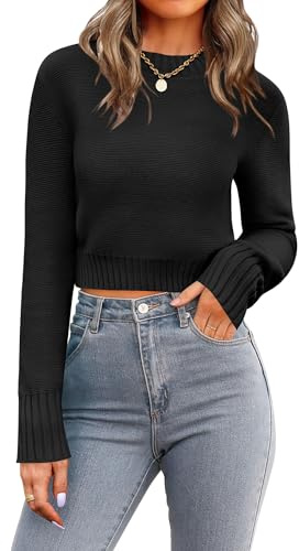 Zeagoo Womens Sweater Long Sleeve Cropped Jumpers Crew Neck Solid Pullover Ribbed Knit Sexy Crop Tops Autumn Winter Sweatshirt Black S
