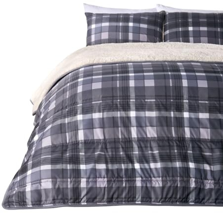 OHS Coverless Duvet 10.5 Tog, Christmas Winter Coverless Duvet King Size Ultra Soft Warm Comfy Tartan Check Sherpa Reversible Washable Quilt King Size Duvets with Pillowcases, Grey