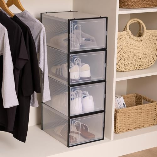 OHS 4 Piece Shoe Storage Box, Clear Plastic Stackable Shoe Boxes Organizer Shoes Containers with Lids for Women - 34 x 25 x 18cm