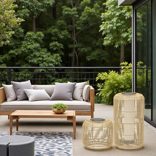 Large Solar Rattan and Rechargeable Lamp Outdoor Lantern Floor Standing Lamp in a Natural Colour Finish - All Year Round use
