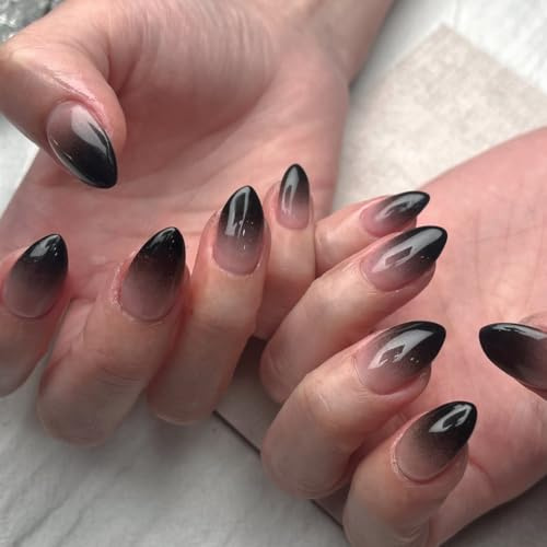 KQueenest Ombre Black Press on Nails Short Almond, French Tip False Nails Short Stiletto, Gradient Nude Black Fake Nails Press ons, Perfectly Fit, Reusable Gel Stick on Nail for Women 30 Pcs