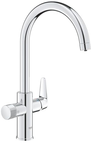 GROHE Blue Pure BauCurve – 3 Way Water Filter Tap (High C-Spout, Swivel Area 150°, Dedicated Filter Handle, 28mm Ceramic Cartridge, 3/8 Inch Tails, Needs a Filter Starter Set), Chrome, 30580000