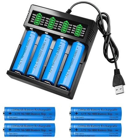 Akkuladegerät mit 4 Stück 3 7v Li-Ion Akku,Akku Ladegerät mit 2200mah Akkus Li-Ion Wiederaufladbarer,3 7 Volt Akku Batterie für Mikrofone RC Taschenlampen Türklingel Kamera Kleinen Lüfter (B)