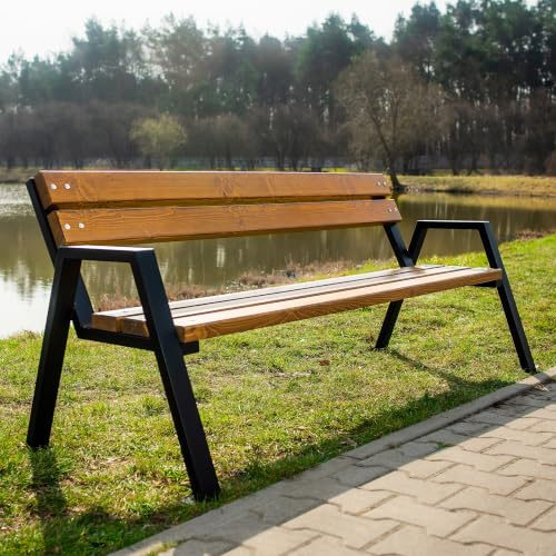 REKORD Gartenbank 178 x 74 x 76 cm Robuste Parkbank aus verzinktem Metall und Holz mit Rückenlehne wetterfeste Outdoor Sitzbank Bank für Garten Terrasse Balkon Vorgarten – Horus – Teak