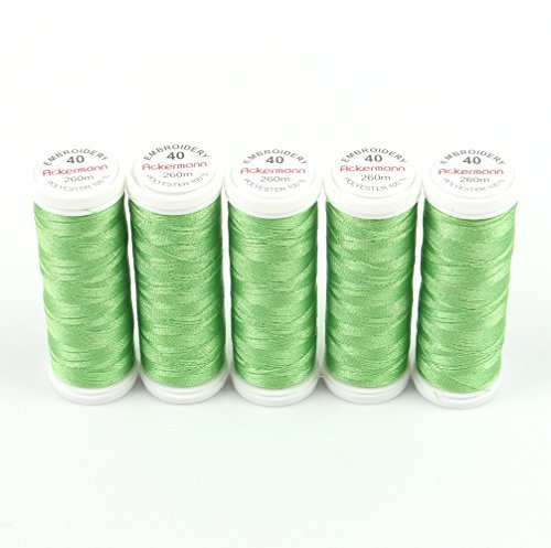 Ackermann® Embroidery (5X 260m) Maschinen STICKGARN, hochglänzendes und reißfestes Garn für die Näh- und Stickmaschine (3562 Grün 3)