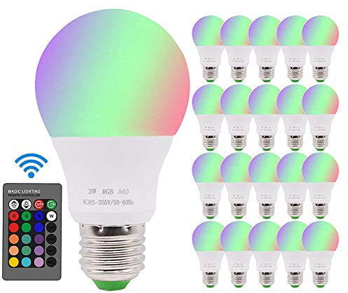 Xindaxin® - Bombilla LED de colores RGBW, 3 W, E27, base regulable, con mando a distancia, 16 colores, 20 unidades