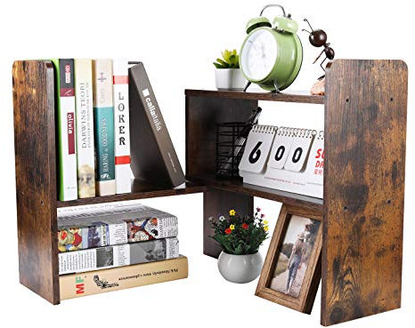 PAG Adjustable Wood Desktop Bookshelf,Small Desk Small Table Shelves Freestanding Home and Office Supplies Storage,Display Shelf Desk Tidy Organiser,Brown