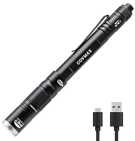 COVMAX Linterna de luz recargable USB IP67 impermeable con clip de bolsillo 4 zoom, perfecta para inspección, trabajo, reparación