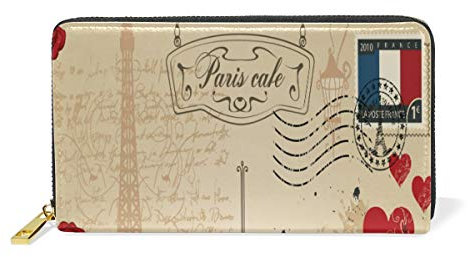 BKEOY Geldbörse aus echtem Leder, mit Reißverschluss, Vintage-Motiv Paris, Postkarten-Druck, Kreditkartenfach