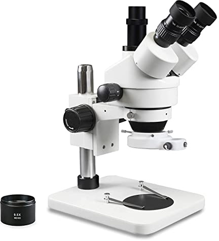 Parco Scientific PA-1FX-IFR09W Trinocular Zoom Stereo Microscope | 10x Widefield Eyepiece | 0.7X—4.5X Zoom Range, 3.5X—45x Magnification Range, 0.5X Barlow Lens | Pillar Stand | 144-LED Ring Light