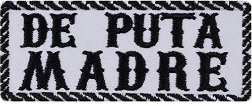 Parches ropa DE PUTA MADRE Iron-on Biker España Divertido Iron-on Cuadros | Regalo Motociclista Aplicación para Chaqueta de Cuero/Vestido/Bolso/Jeans Chaleco | Blanco 100x40mm
