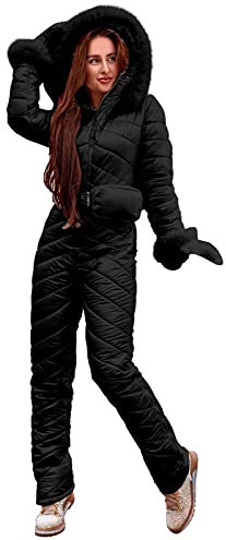 Women Snowboard Ski Suit Plush Collar Fashion Casual Keep Warm Thicken Hot Outdoor Sports Zipper Ski Suit (Black, S)