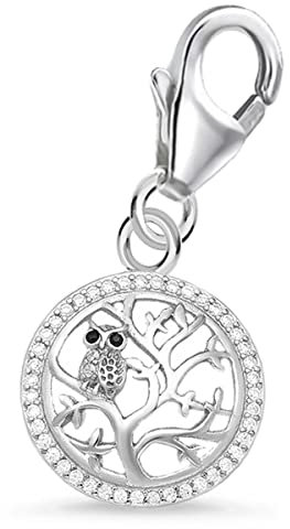 Goldene Hufeisen Baum mit mini Eule Karabiner Charm Anhänger für Bettelarmband aus 925 Sterling-Silber mit Zirkonia