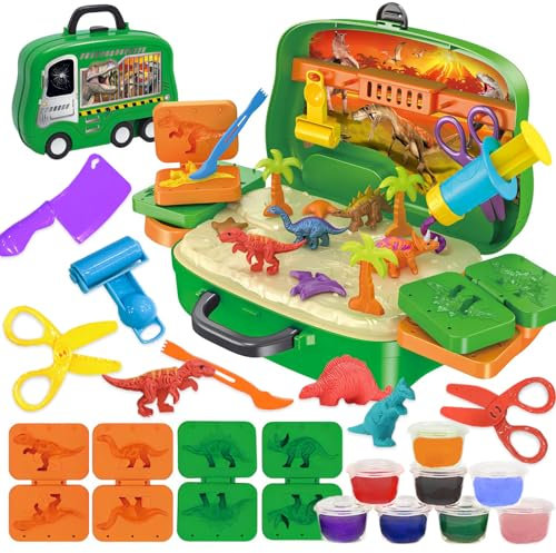 Crelloci Dinosaur Color Dough Set Tools Dino World 26 PCS Playsets Toy Clay Accessaries Dough and Moulds in a Portable Case with Wheels for Kids Toddlers 3 4 5 Years Old