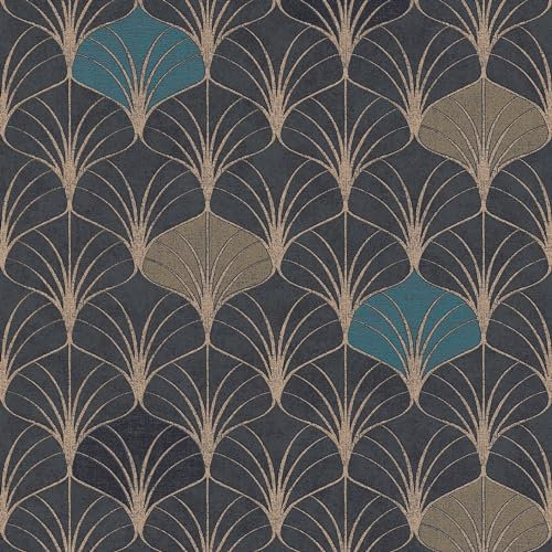 Graphic Wallpaper Wall Profhome 374833-GU Non-Woven Wallpaper Smooth with Geometric Shapes Shiny Gold Black Blue 5.33 m2 (57 ft2)