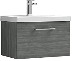 nuie ARN522A Arno Modern Bathroom Wall Hung 1 Drawer Vanity Unit with Mid-Edge Ceramic Basin, 600mm, Woodgrain Anthracite