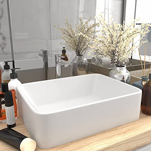 Yongdu Luxus-Waschbecken, Aufsatzwaschbecken, Bathroom Sink, Waschtisch, Ablaufgarnitur, Aufsatzbecken, Matt Weiß 41x30x12 cm Keramik
